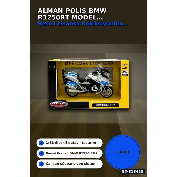 Die-Cast 1:18 Ölçekli Alman Polis BMW R1250RT Motosiklet Modeli 1 Adet BX-313420