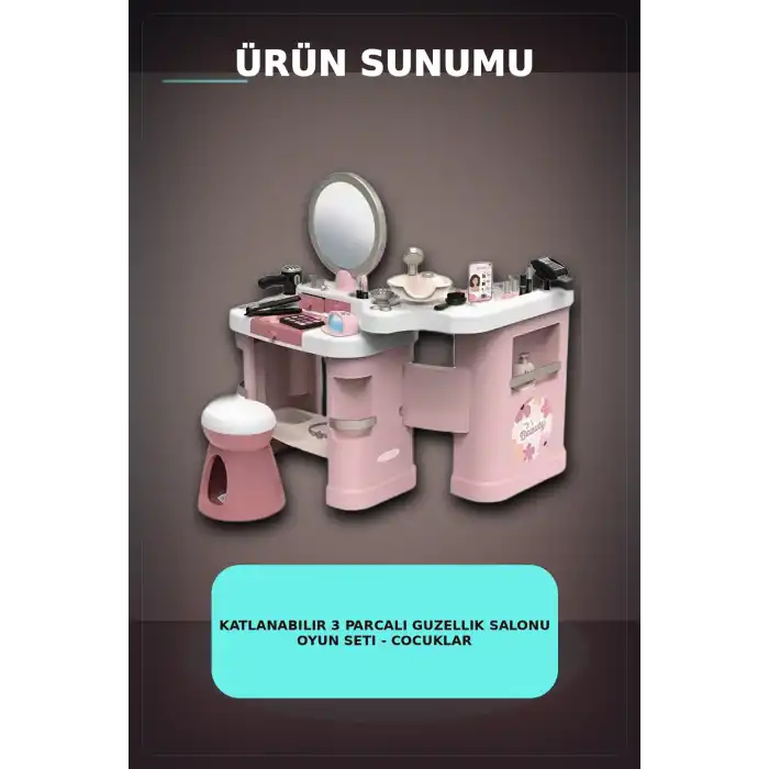 Katlanabilir 3 Parcali Guzellik Salonu Oyun Seti - Cocuklar Icin Makyaj Kuafor Manikur BX-313422