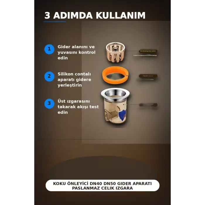 Koku Onleyici DN40 DN50 Gider Aparati Paslanmaz Celik Izgarali Silikon Contali Sifon BX-313423