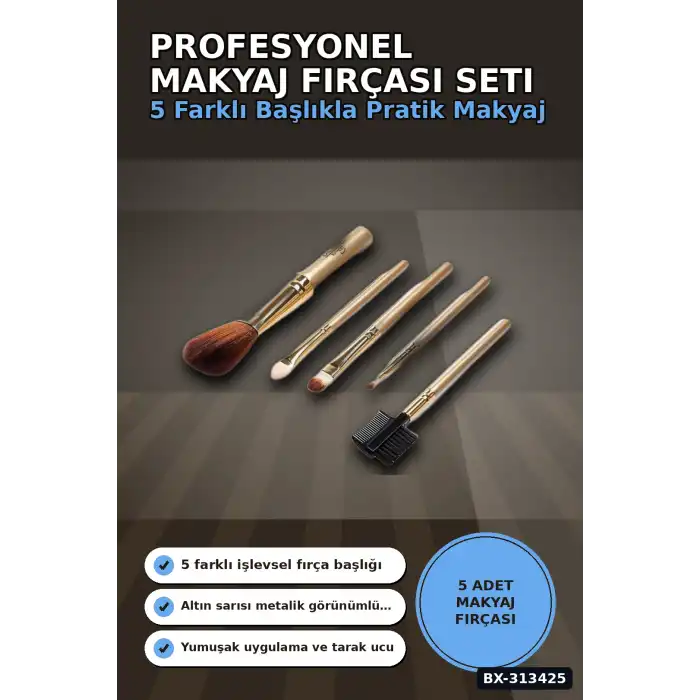 5 Parça Profesyonel Makyaj Fircasi Seti - Sarı Renk Kozmetik Far Allik Fondoten Fircasi BX-313425