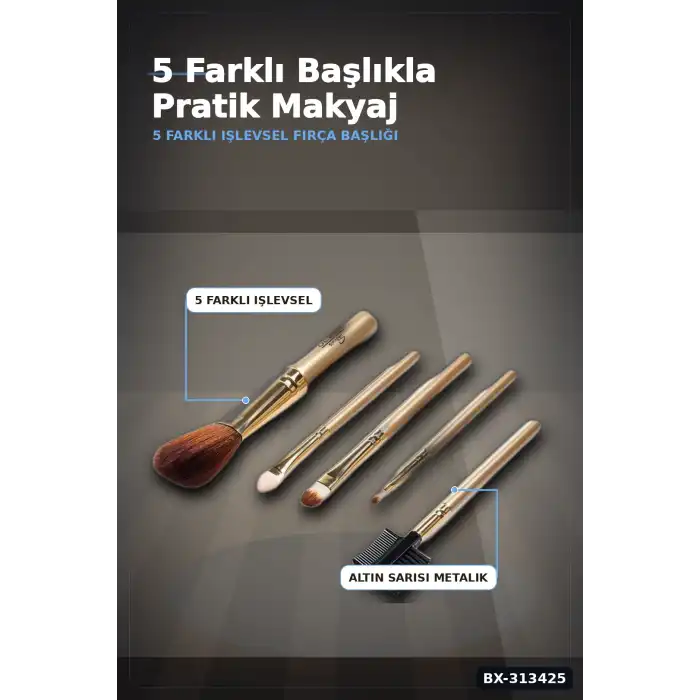 5 Parça Profesyonel Makyaj Fircasi Seti - Sarı Renk Kozmetik Far Allik Fondoten Fircasi BX-313425