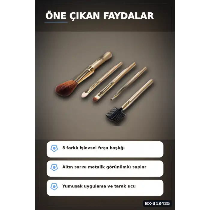 5 Parça Profesyonel Makyaj Fircasi Seti - Sarı Renk Kozmetik Far Allik Fondoten Fircasi BX-313425