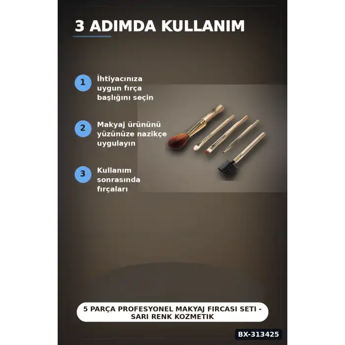 5 Parça Profesyonel Makyaj Fircasi Seti - Sarı Renk Kozmetik Far Allik Fondoten Fircasi BX-313425