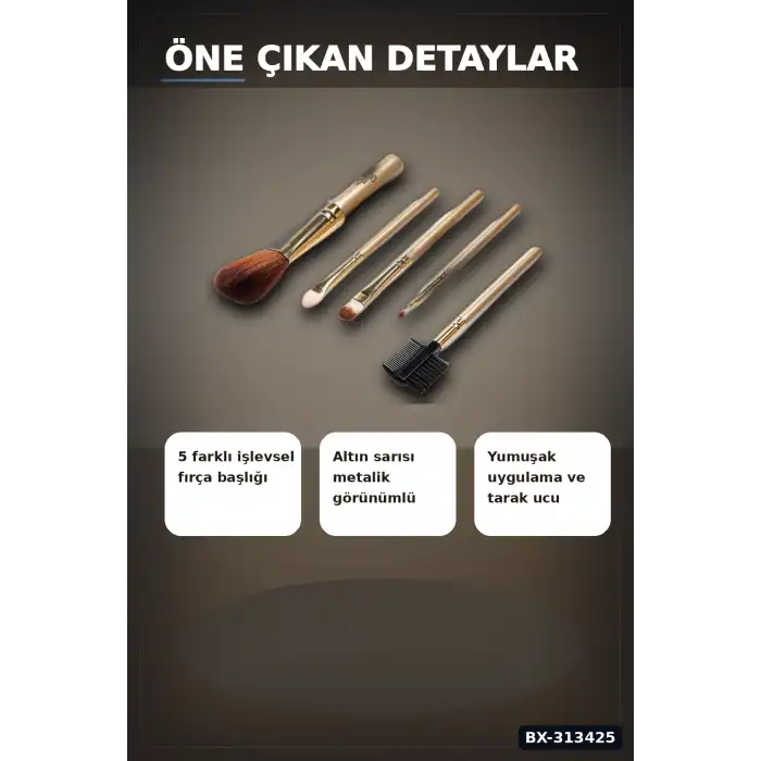 5 Parça Profesyonel Makyaj Fircasi Seti - Sarı Renk Kozmetik Far Allik Fondoten Fircasi BX-313425