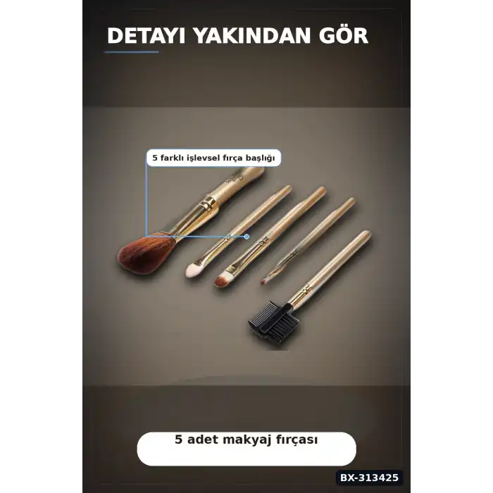 5 Parça Profesyonel Makyaj Fircasi Seti - Sarı Renk Kozmetik Far Allik Fondoten Fircasi BX-313425