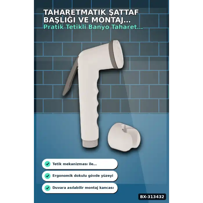 Köşeli Taharetmatik Şattaf Başlık - Beyaz Gri Plastik - Banyo Aksesuarı BX-313432