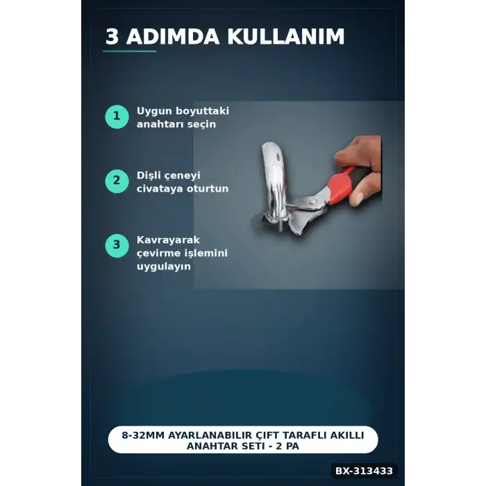 8-32mm Ayarlanabilir Çift Taraflı Akıllı Anahtar Seti - 2 Parça Kombine El Aleti BX-313433