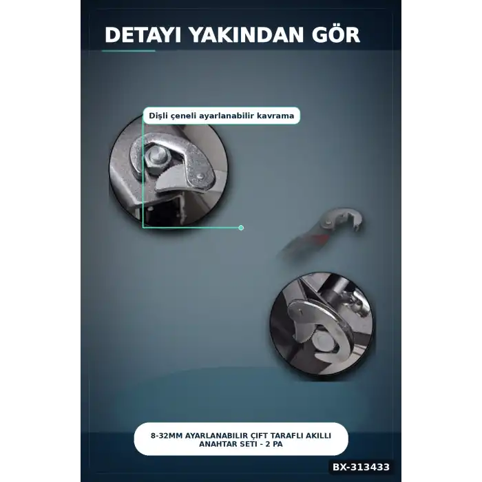 8-32mm Ayarlanabilir Çift Taraflı Akıllı Anahtar Seti - 2 Parça Kombine El Aleti BX-313433