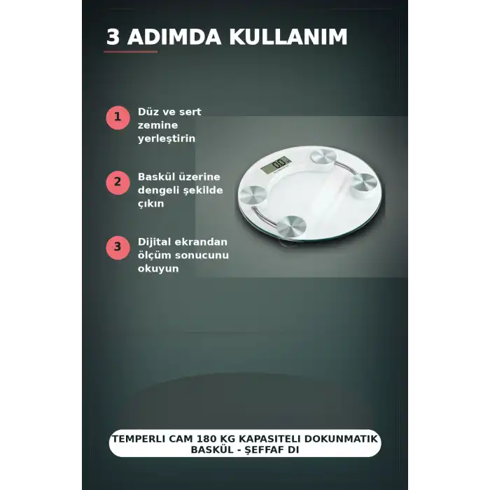 Temperli Cam 180 Kg Kapasiteli Dokunmatik Baskül - Şeffaf Dijital Tartı, Ev Kullanımı BX-313434