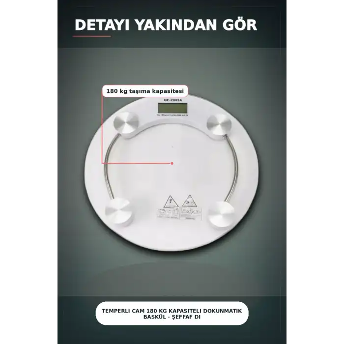 Temperli Cam 180 Kg Kapasiteli Dokunmatik Baskül - Şeffaf Dijital Tartı, Ev Kullanımı BX-313434
