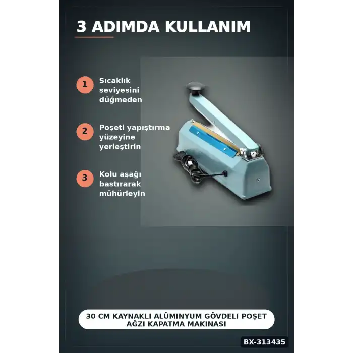 30 Cm Kaynaklı Alüminyum Gövdeli Poşet Ağzı Kapatma Makinası FS-300 Isı Ayarı 8 Kademe BX-313435