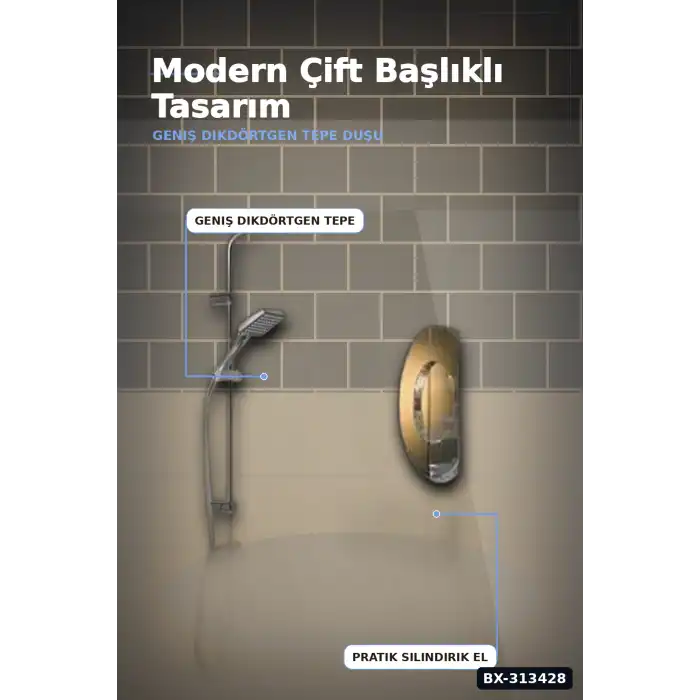 Krom Kaplama 5+1 Fonksiyon Robot Tepe Duş Seti - 2 Başlıklı Banyo Takımı BX-313428