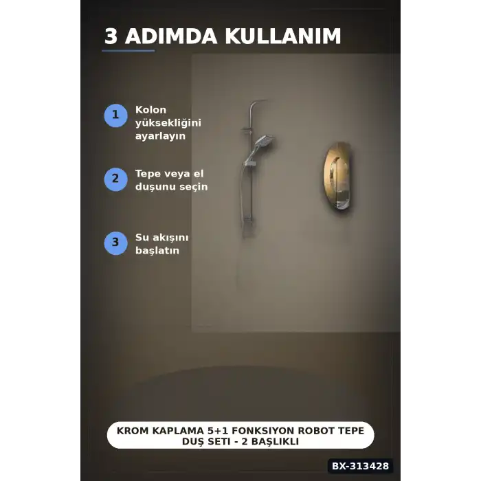 Krom Kaplama 5+1 Fonksiyon Robot Tepe Duş Seti - 2 Başlıklı Banyo Takımı BX-313428