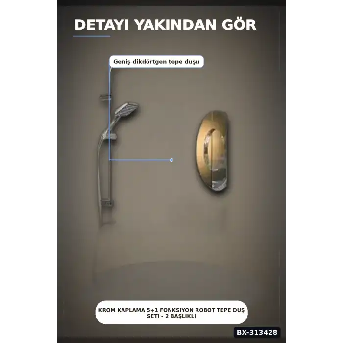 Krom Kaplama 5+1 Fonksiyon Robot Tepe Duş Seti - 2 Başlıklı Banyo Takımı BX-313428