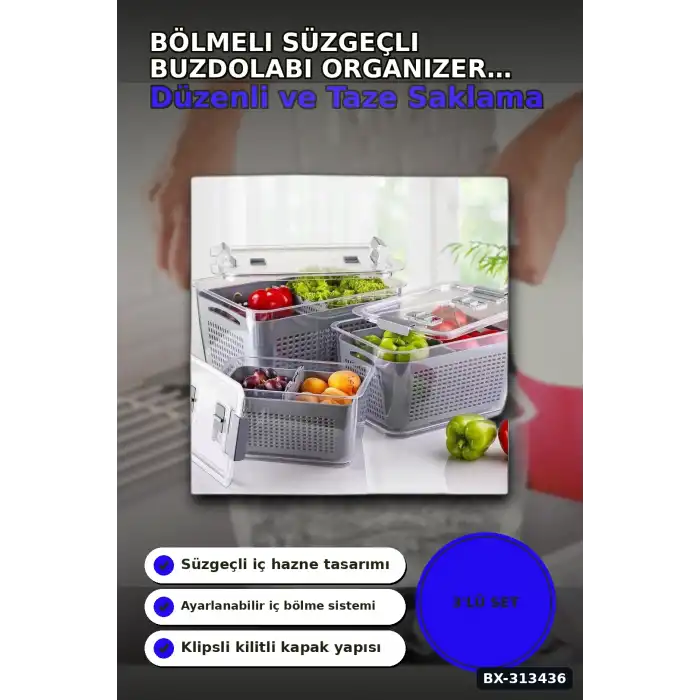 Bölmeli Süzgeçli 3 Parça Buzdolabı Organizer Seti 2.5-5-9 Litre Kilitli Kapak BX-313436