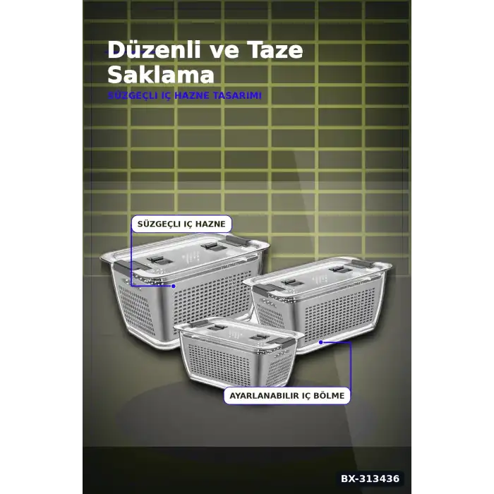 Bölmeli Süzgeçli 3 Parça Buzdolabı Organizer Seti 2.5-5-9 Litre Kilitli Kapak BX-313436