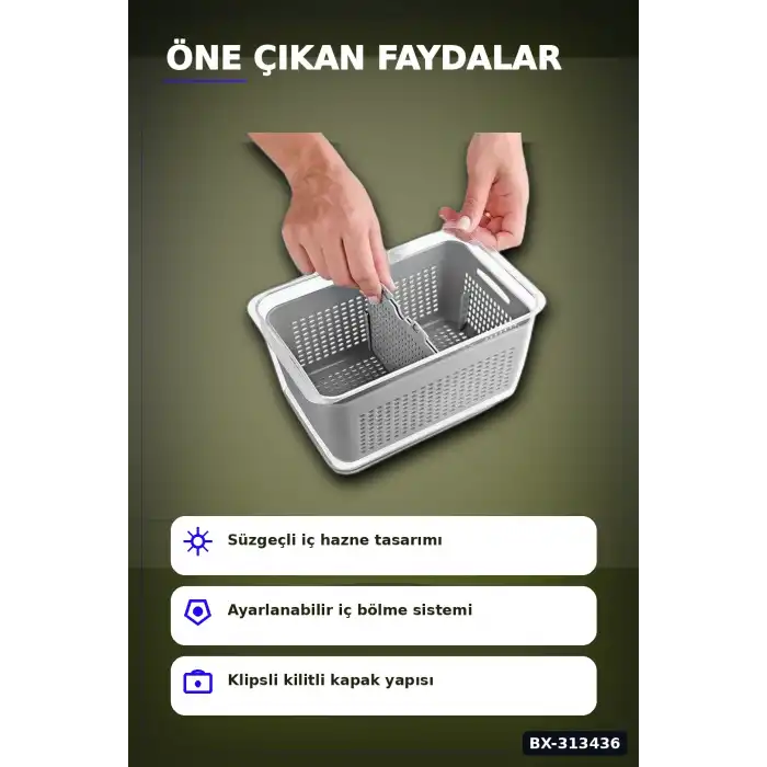 Bölmeli Süzgeçli 3 Parça Buzdolabı Organizer Seti 2.5-5-9 Litre Kilitli Kapak BX-313436