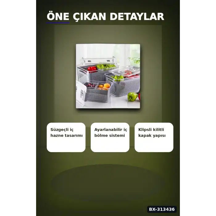 Bölmeli Süzgeçli 3 Parça Buzdolabı Organizer Seti 2.5-5-9 Litre Kilitli Kapak BX-313436