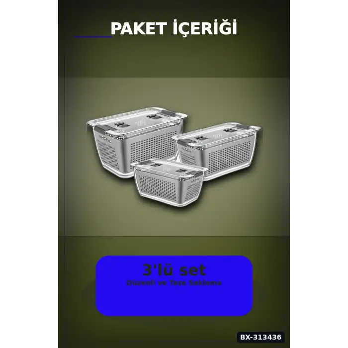 Bölmeli Süzgeçli 3 Parça Buzdolabı Organizer Seti 2.5-5-9 Litre Kilitli Kapak BX-313436