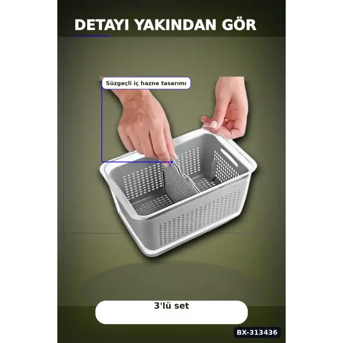 Bölmeli Süzgeçli 3 Parça Buzdolabı Organizer Seti 2.5-5-9 Litre Kilitli Kapak BX-313436