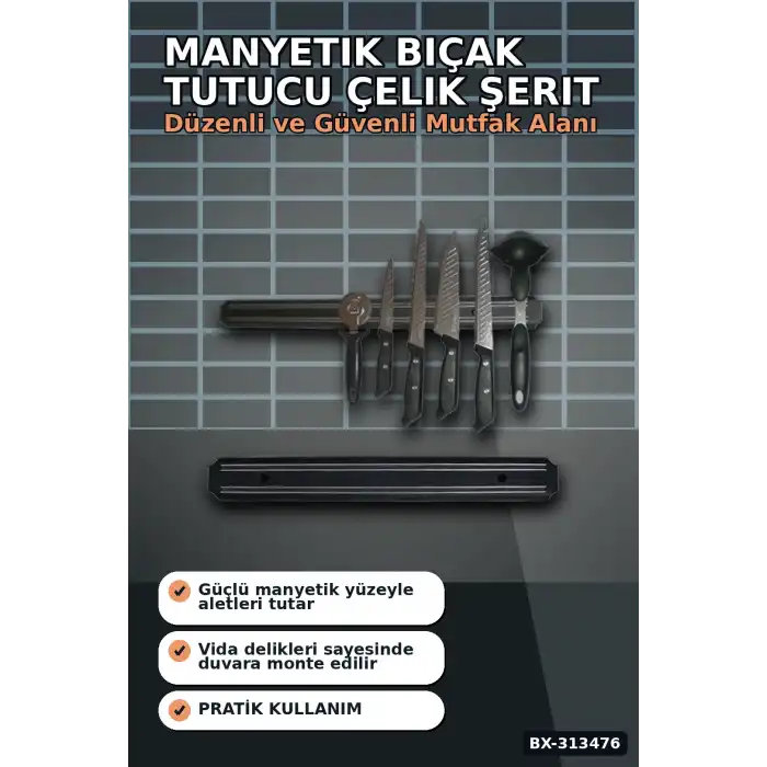 55 Cm Manyetik Bıçak Tutucu - Duvara Monte Çelik Şerit, Mutfak Bıçak Askısı BX-313476