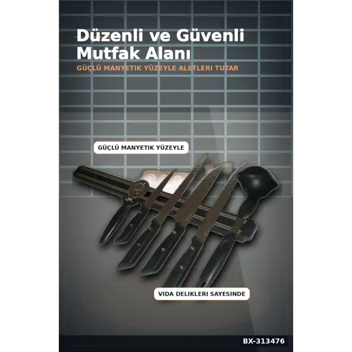 55 Cm Manyetik Bıçak Tutucu - Duvara Monte Çelik Şerit, Mutfak Bıçak Askısı BX-313476