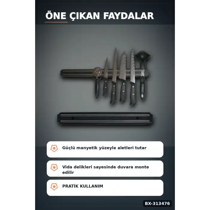 55 Cm Manyetik Bıçak Tutucu - Duvara Monte Çelik Şerit, Mutfak Bıçak Askısı BX-313476