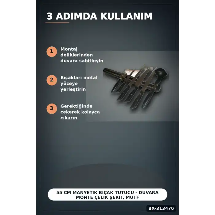 55 Cm Manyetik Bıçak Tutucu - Duvara Monte Çelik Şerit, Mutfak Bıçak Askısı BX-313476