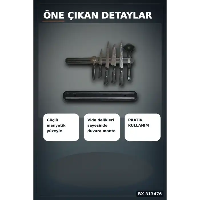 55 Cm Manyetik Bıçak Tutucu - Duvara Monte Çelik Şerit, Mutfak Bıçak Askısı BX-313476