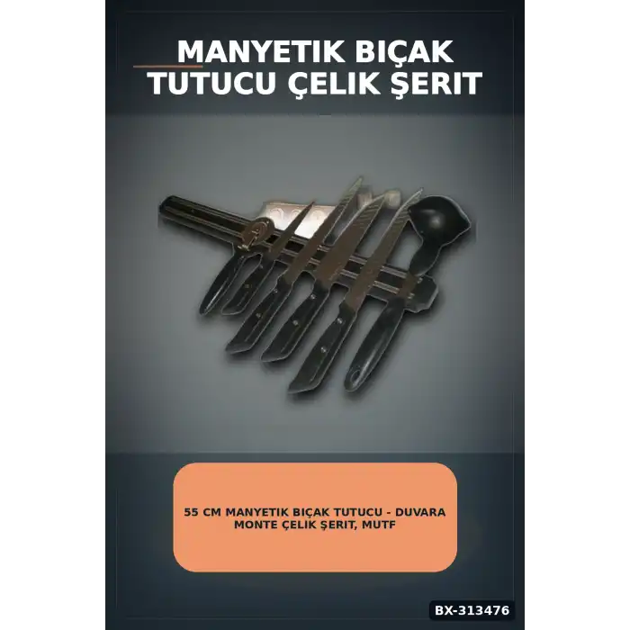 55 Cm Manyetik Bıçak Tutucu - Duvara Monte Çelik Şerit, Mutfak Bıçak Askısı BX-313476