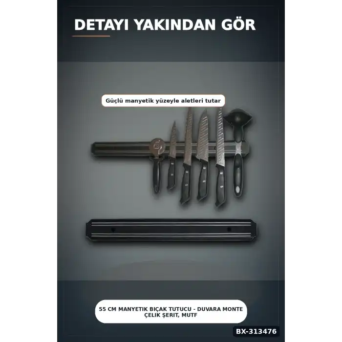 55 Cm Manyetik Bıçak Tutucu - Duvara Monte Çelik Şerit, Mutfak Bıçak Askısı BX-313476