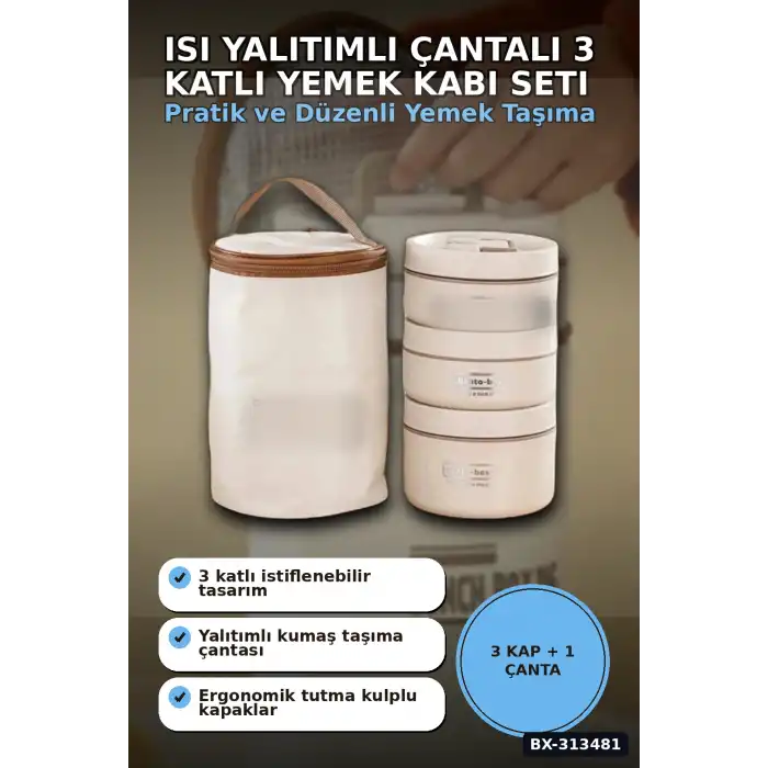 Isı Yalıtımlı Çantalı 3 Katlı Paslanmaz Çelik Yemek Kabı Seti 420-420-550 Ml BX-313481