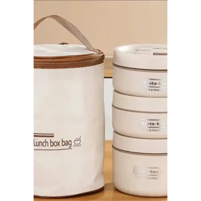 Isı Yalıtımlı Çantalı 3 Katlı Paslanmaz Çelik Yemek Kabı Seti 420-420-550 Ml BX-313481