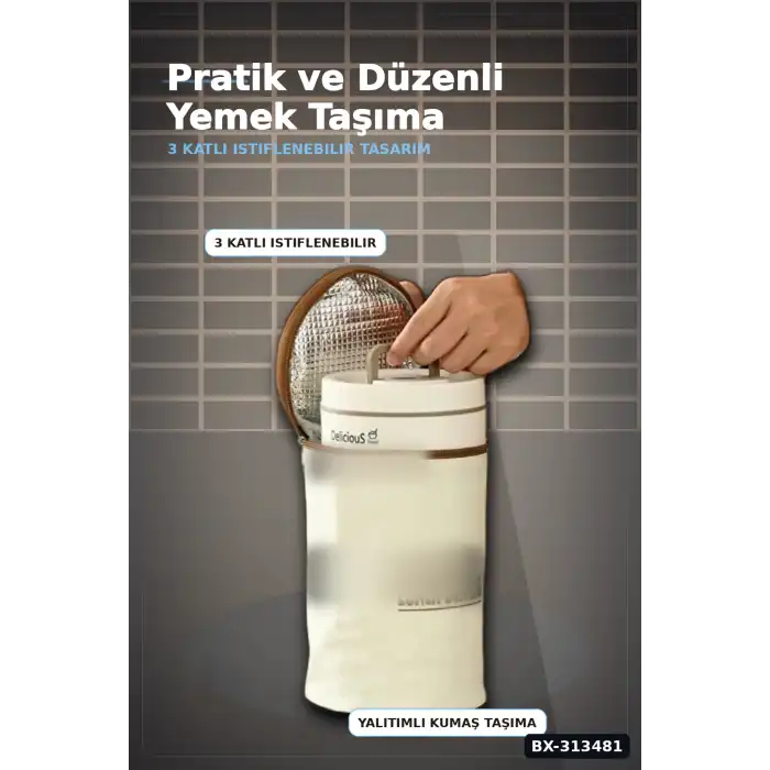 Isı Yalıtımlı Çantalı 3 Katlı Paslanmaz Çelik Yemek Kabı Seti 420-420-550 Ml BX-313481