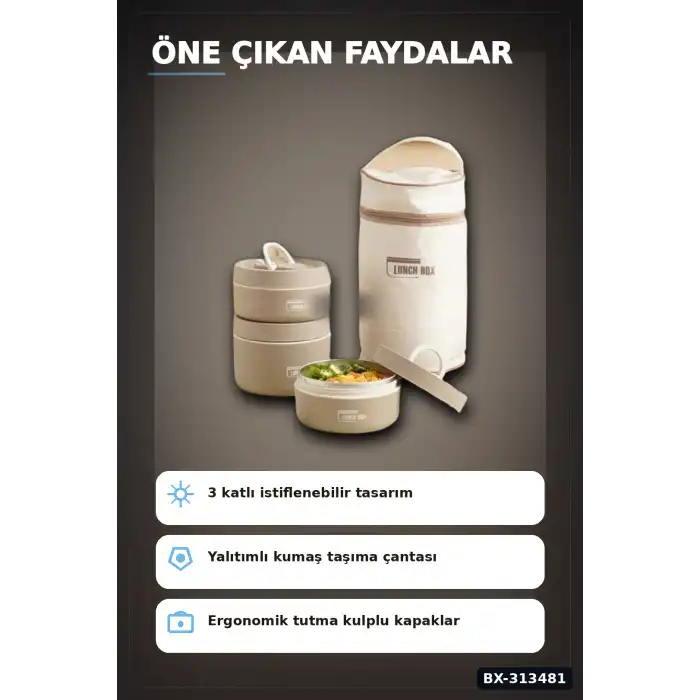 Isı Yalıtımlı Çantalı 3 Katlı Paslanmaz Çelik Yemek Kabı Seti 420-420-550 Ml BX-313481