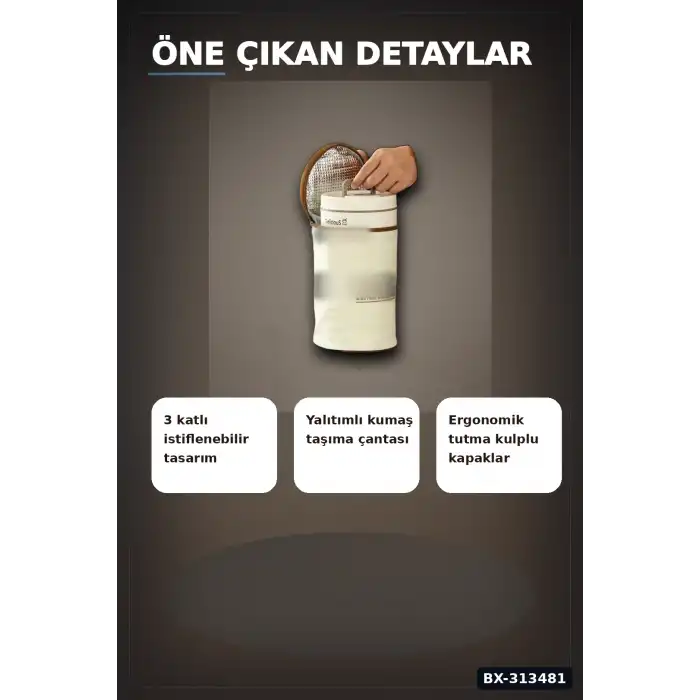 Isı Yalıtımlı Çantalı 3 Katlı Paslanmaz Çelik Yemek Kabı Seti 420-420-550 Ml BX-313481