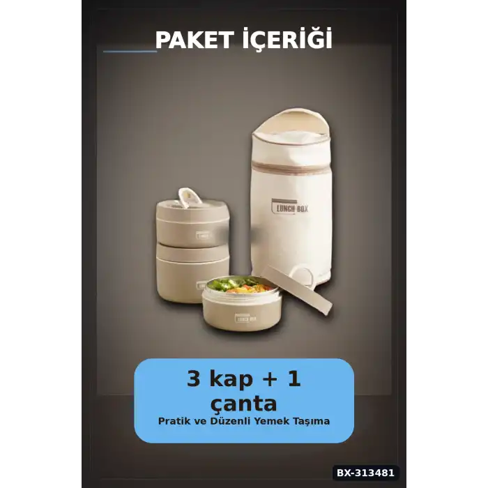 Isı Yalıtımlı Çantalı 3 Katlı Paslanmaz Çelik Yemek Kabı Seti 420-420-550 Ml BX-313481