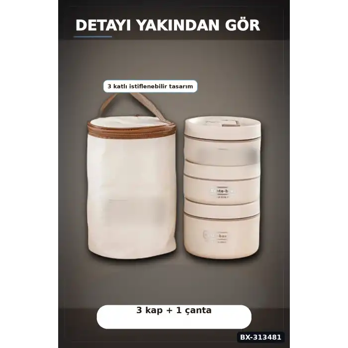 Isı Yalıtımlı Çantalı 3 Katlı Paslanmaz Çelik Yemek Kabı Seti 420-420-550 Ml BX-313481