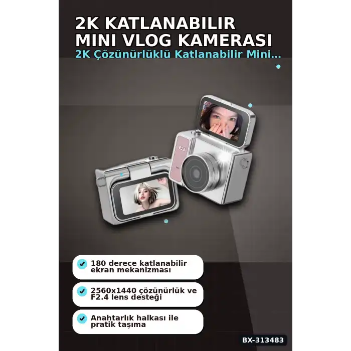 2K 1.47 İps Ekranlı 180 Derece Katlanabilir Mini Vlog Kamerası - Anahtarlık Boy BX-313483