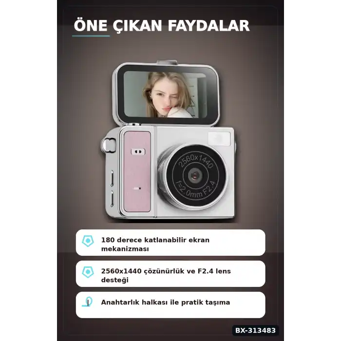 2K 1.47 İps Ekranlı 180 Derece Katlanabilir Mini Vlog Kamerası - Anahtarlık Boy BX-313483