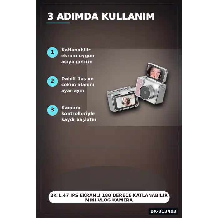 2K 1.47 İps Ekranlı 180 Derece Katlanabilir Mini Vlog Kamerası - Anahtarlık Boy BX-313483