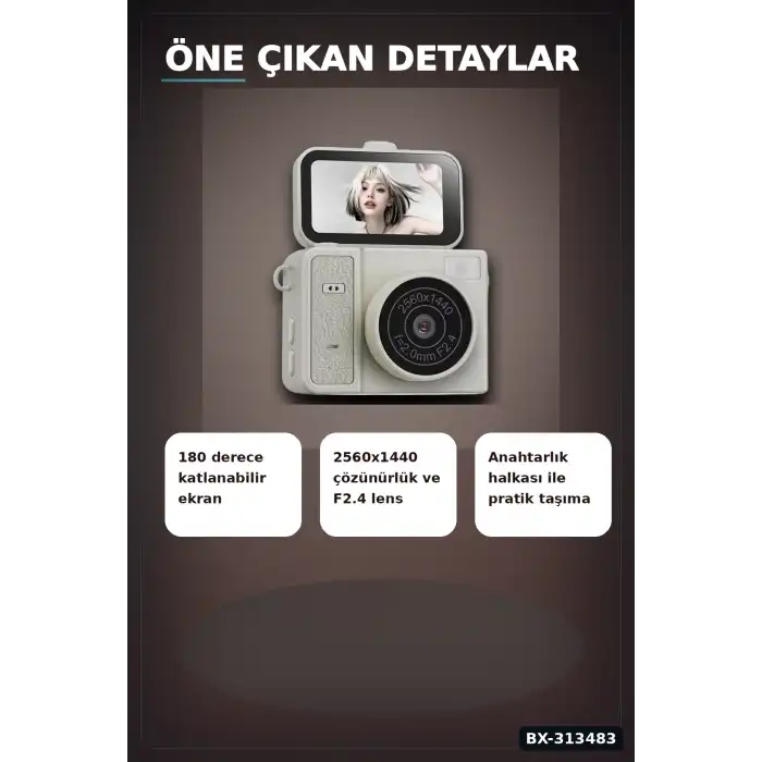2K 1.47 İps Ekranlı 180 Derece Katlanabilir Mini Vlog Kamerası - Anahtarlık Boy BX-313483