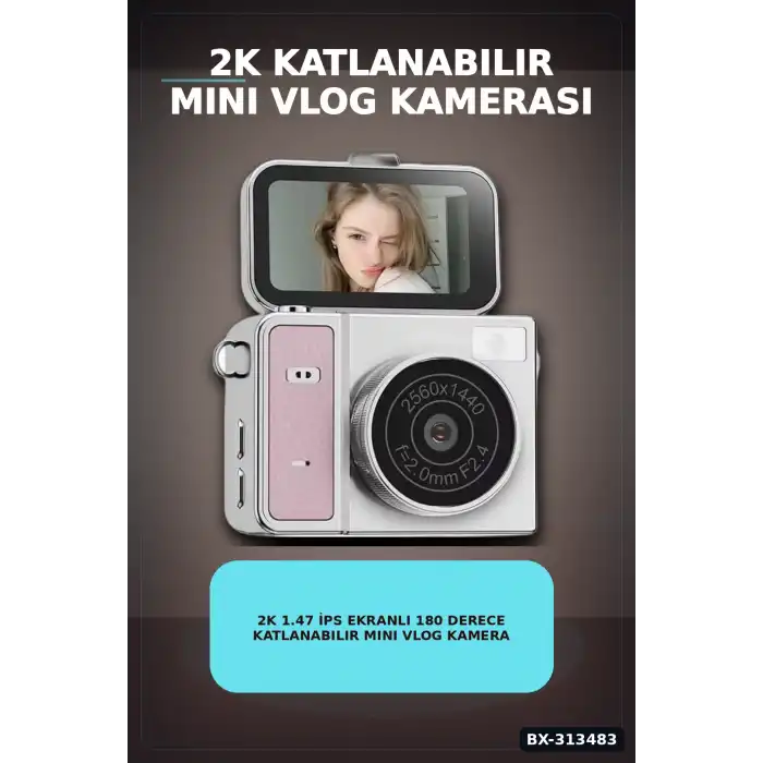 2K 1.47 İps Ekranlı 180 Derece Katlanabilir Mini Vlog Kamerası - Anahtarlık Boy BX-313483