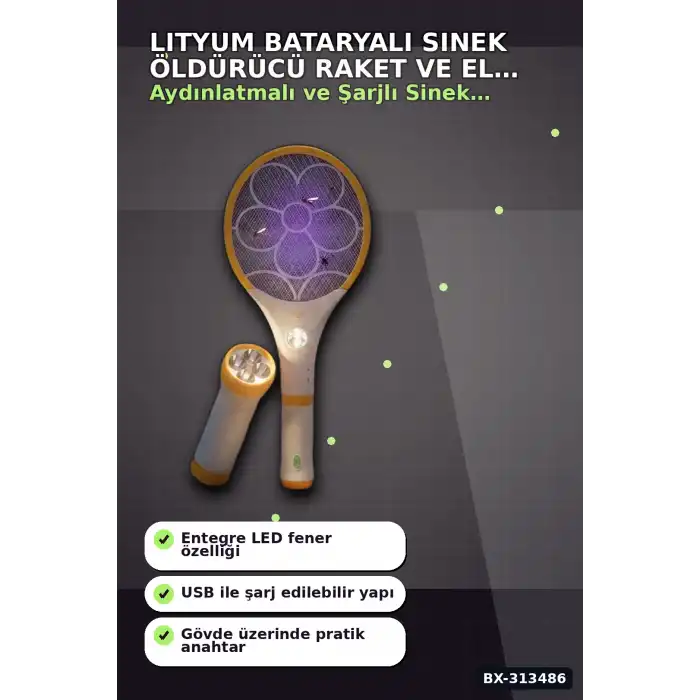 Lityum Bataryalı Sinek Öldürücü Raket - El Feneri ve LED Işıklı, 1 Adet BX-313486