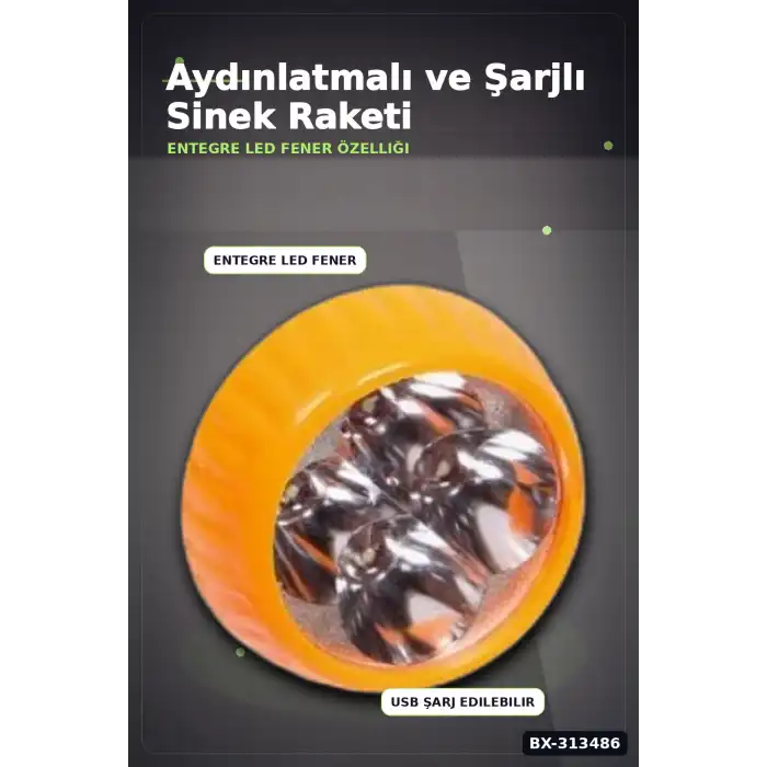Lityum Bataryalı Sinek Öldürücü Raket - El Feneri ve LED Işıklı, 1 Adet BX-313486