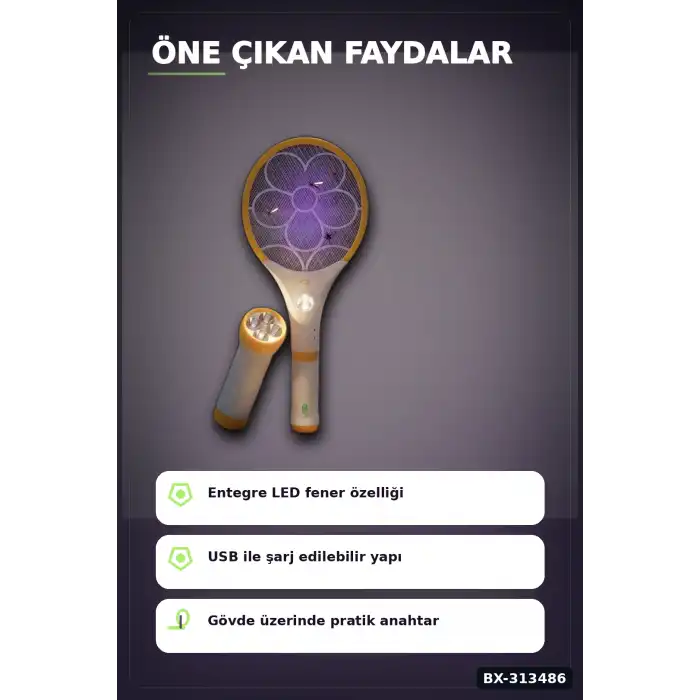 Lityum Bataryalı Sinek Öldürücü Raket - El Feneri ve LED Işıklı, 1 Adet BX-313486