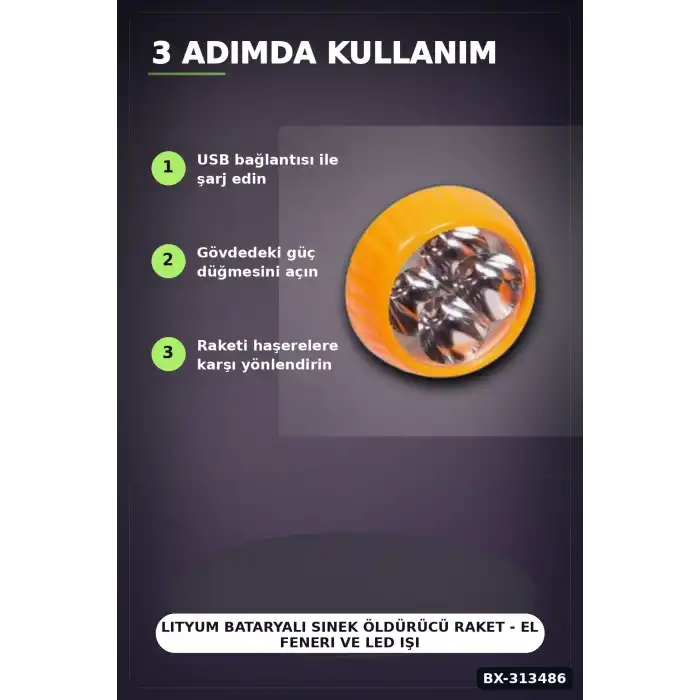 Lityum Bataryalı Sinek Öldürücü Raket - El Feneri ve LED Işıklı, 1 Adet BX-313486