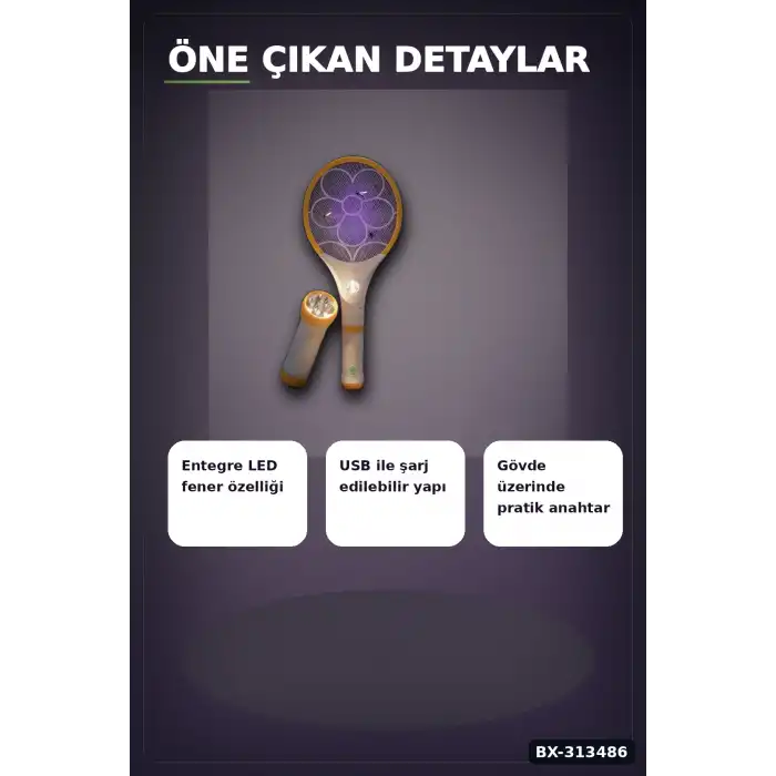 Lityum Bataryalı Sinek Öldürücü Raket - El Feneri ve LED Işıklı, 1 Adet BX-313486