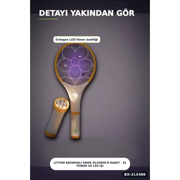 Lityum Bataryalı Sinek Öldürücü Raket - El Feneri ve LED Işıklı, 1 Adet BX-313486