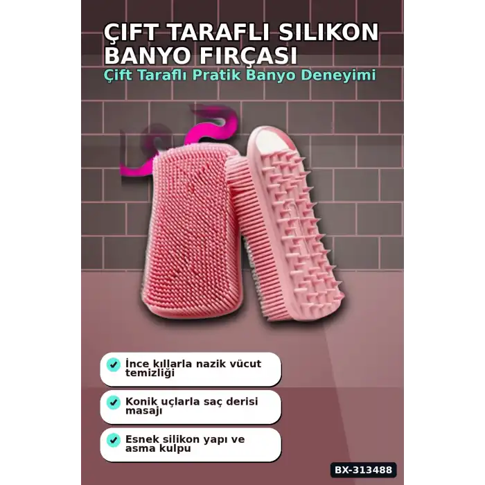 Çift Taraflı Silikon Banyo Masaj Fırçası - Saç Derisi Yatıştırıcı Taraklı 1 Adet BX-313488